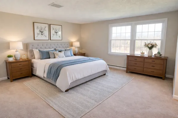 an empty room with windows and fireplace