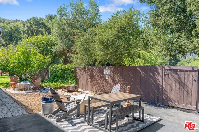 a backyard of a house with table and chairs