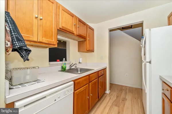 a kitchen with a sink and a refrigerator