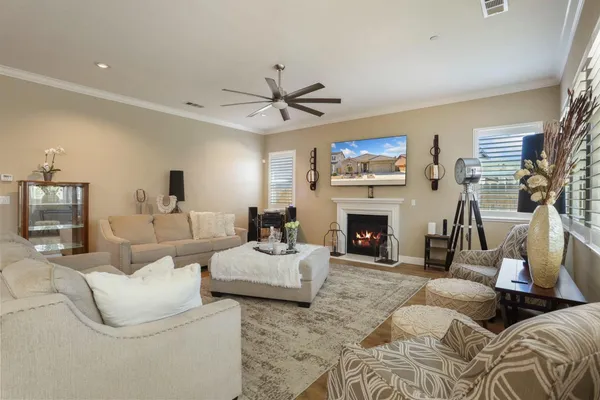a living room with furniture a fireplace and a flat screen tv