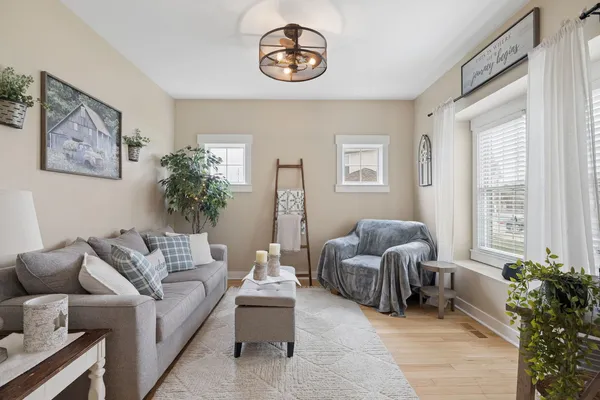 a living room with furniture and a potted plant