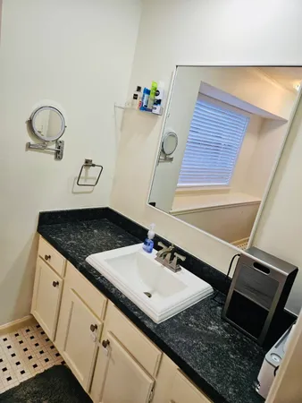a bathroom with a sink and a mirror