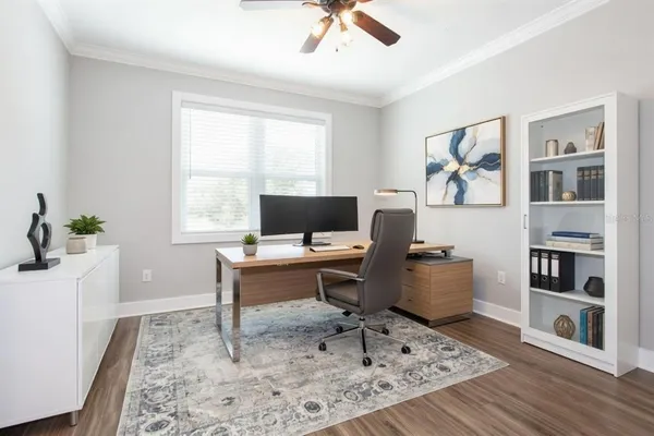 a workspace with furniture