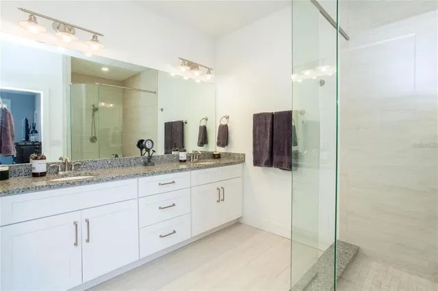 a bathroom with a granite countertop sink a mirror and a shower