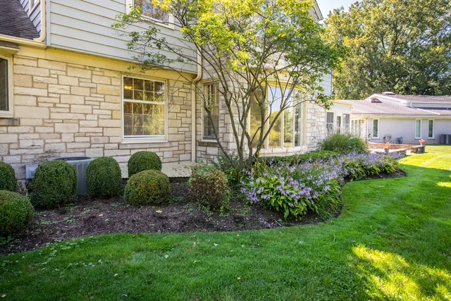 a view of a patio with table and chairs potted plants and large tree