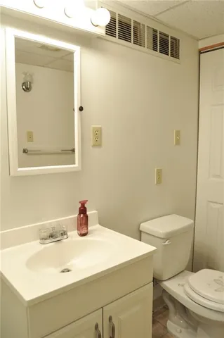 a bathroom with a sink a toilet and mirror