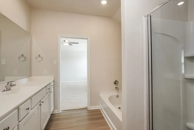 a bathroom with a tub sink and mirror