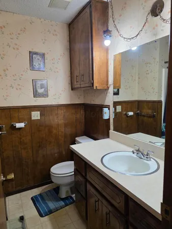 a bathroom with a sink toilet and a mirror