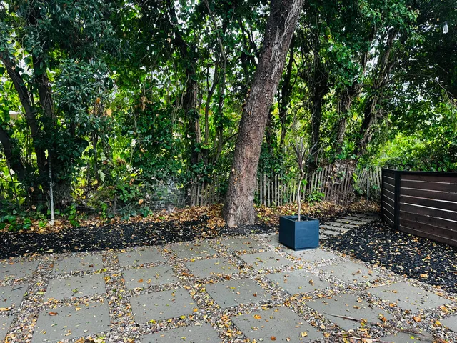 a view of a backyard with potted plants and large trees