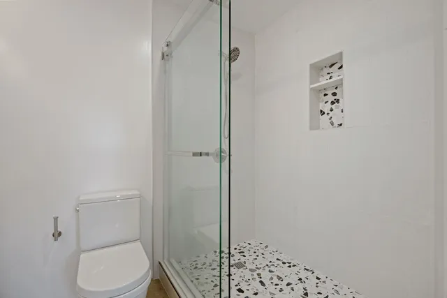 a bathroom with a toilet and a shower