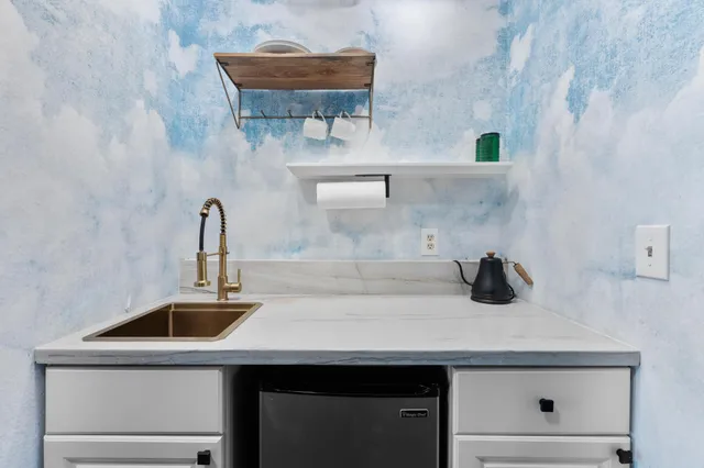 a kitchen with a sink a cabinets and appliances