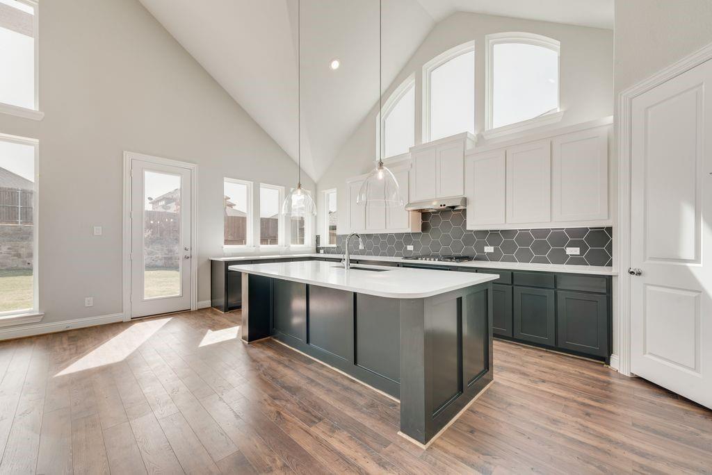 1231 Calebria Way Fate, TX 75087 - Photo 13 of 40 a kitchen with stainless steel appliances granite countertop a sink a stove and a wooden floors