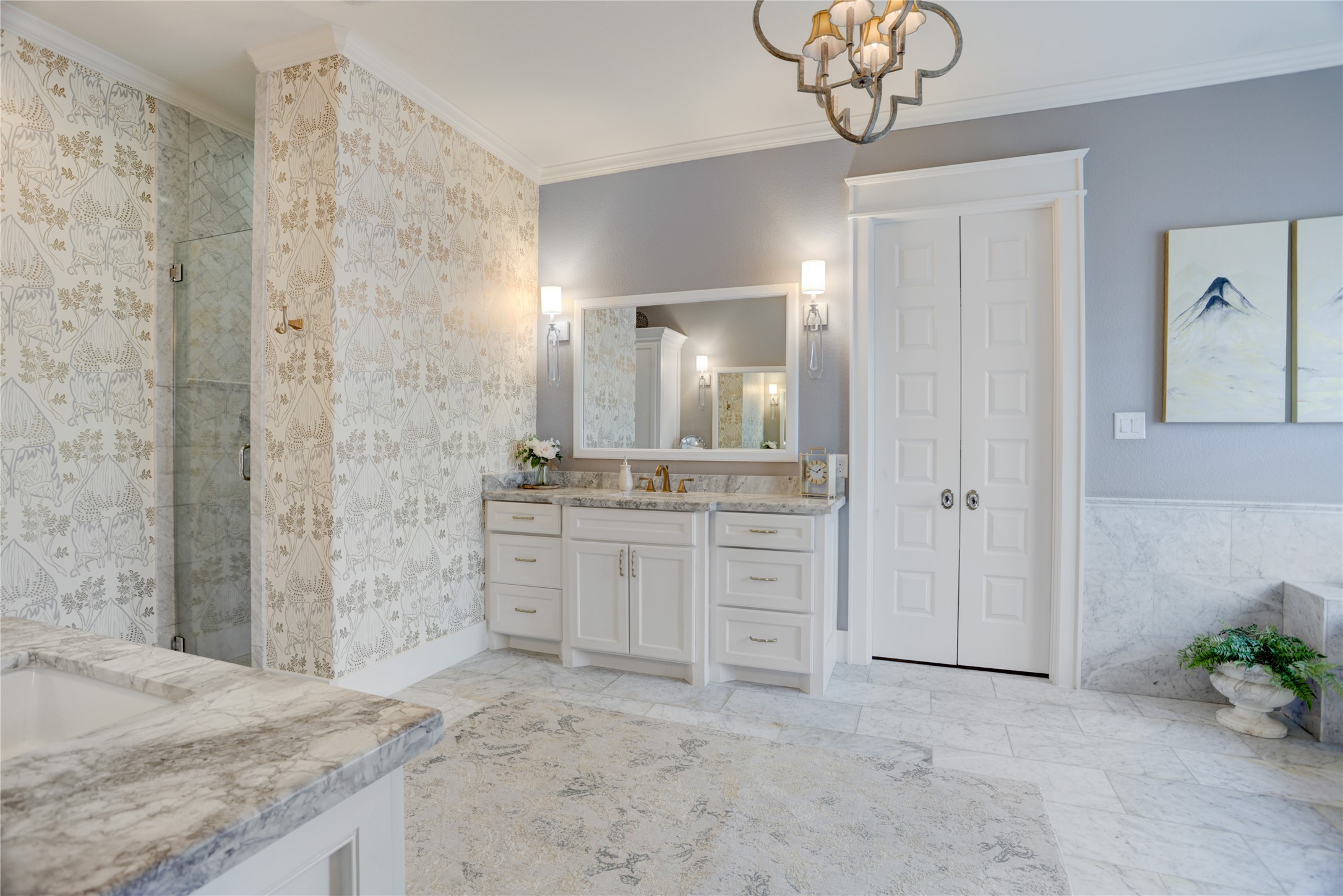6430 Rolla Street Houston, TX 77055 - Photo 17 of 30 a bathroom with a granite countertop sink a mirror and a shower