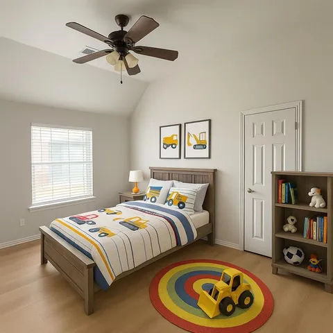 a bedroom with a bed and a table in it