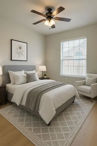 a bedroom with a large bed and a couch
