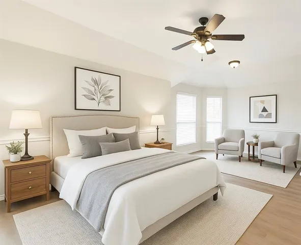 a spacious bedroom with a bed painting on wall and a large window