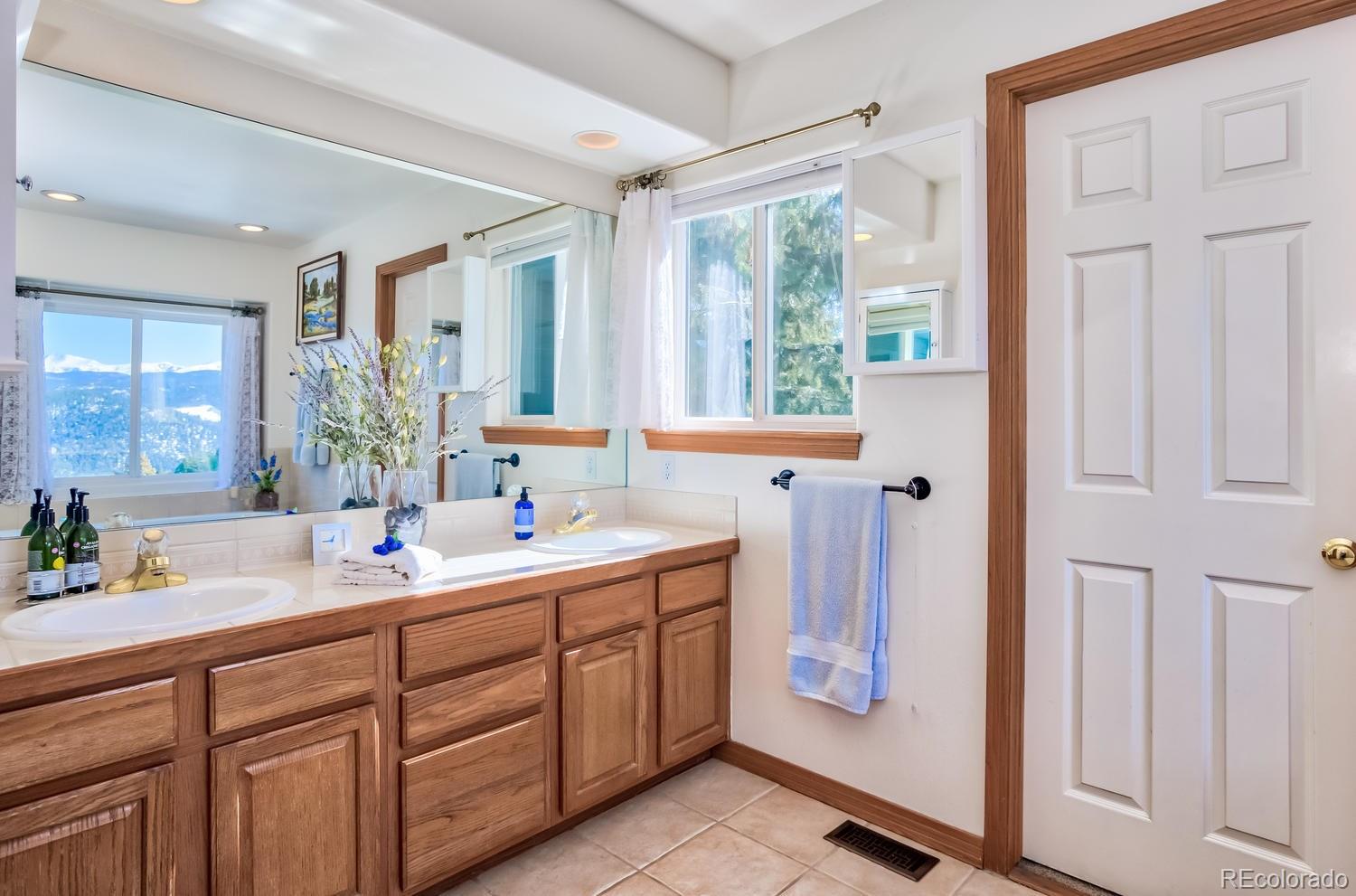 29323 Gray Hawk Drive Evergreen, CO 80439 - Photo 15 of 31 a spacious bathroom with a double vanity sink a mirror a window and next to a window
