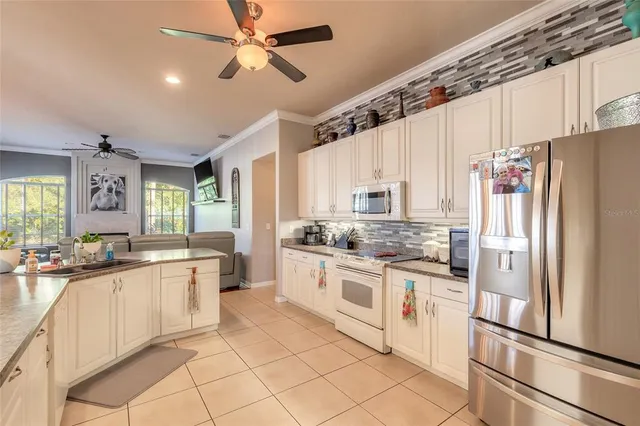 a kitchen with a granite counter top a potted plant and white appliances