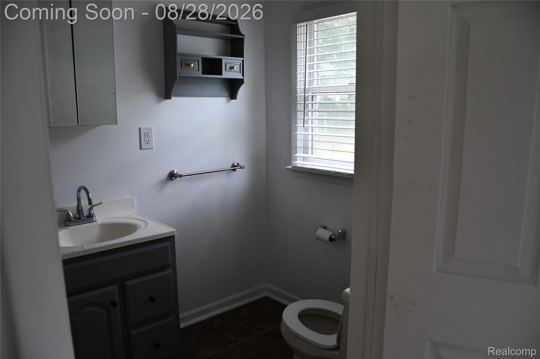 9039 Peer Road South Lyon, MI 48178 - Photo 35 of 47 White walls with a single window, a vanity with an integrated sink, a wall-mounted medicine cabinet, and wood-finish flooring