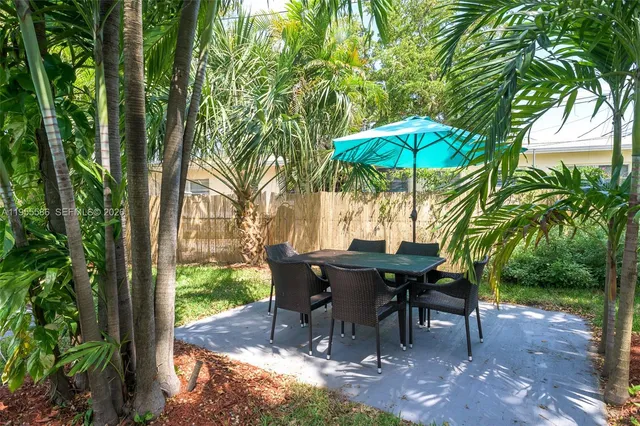 a view of a tables and chairs under an umbrella in a backyard