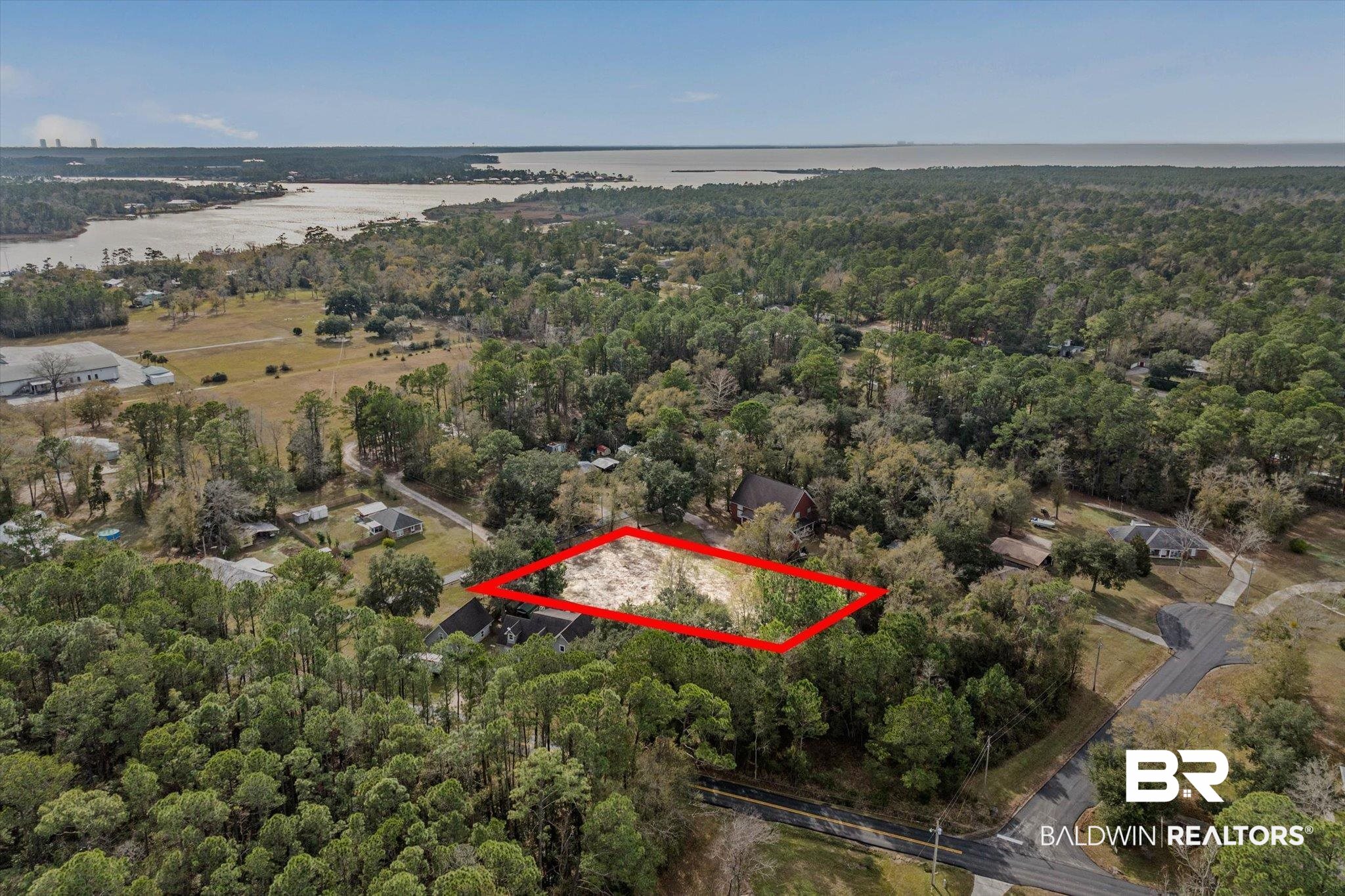 17065 Britt Lane Bon Secour, AL 36511 - Photo 8 of 15 Aerial overview of property's location featuring property boundaries highlighted and a large body of water