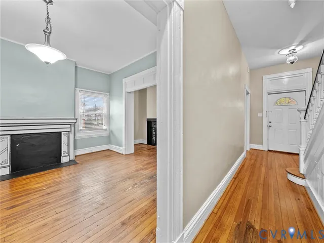 a view of a livingroom with wooden floor