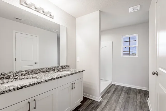 a bathroom with a granite countertop sink and a mirror