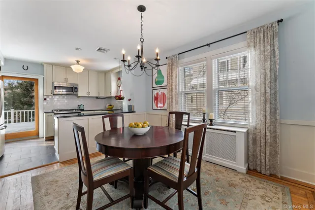 a view of a dining room with furniture