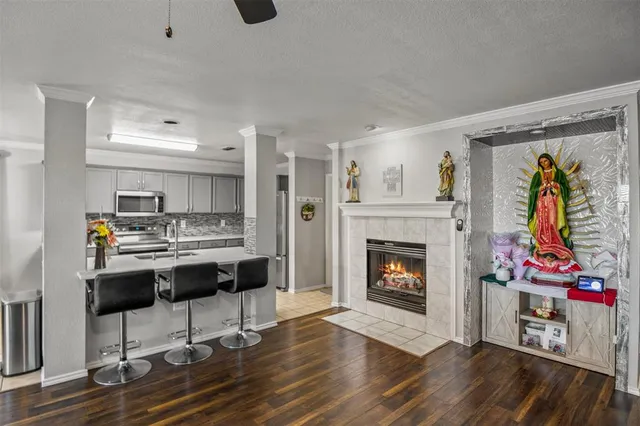 a living room with furniture and a fireplace