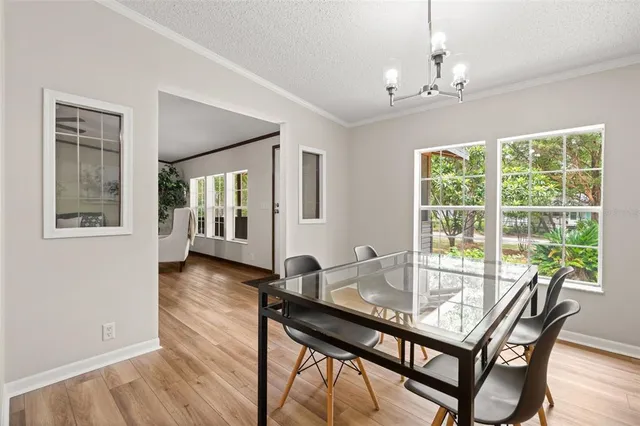 a view of a dining room with furniture wooden floor and chandelier