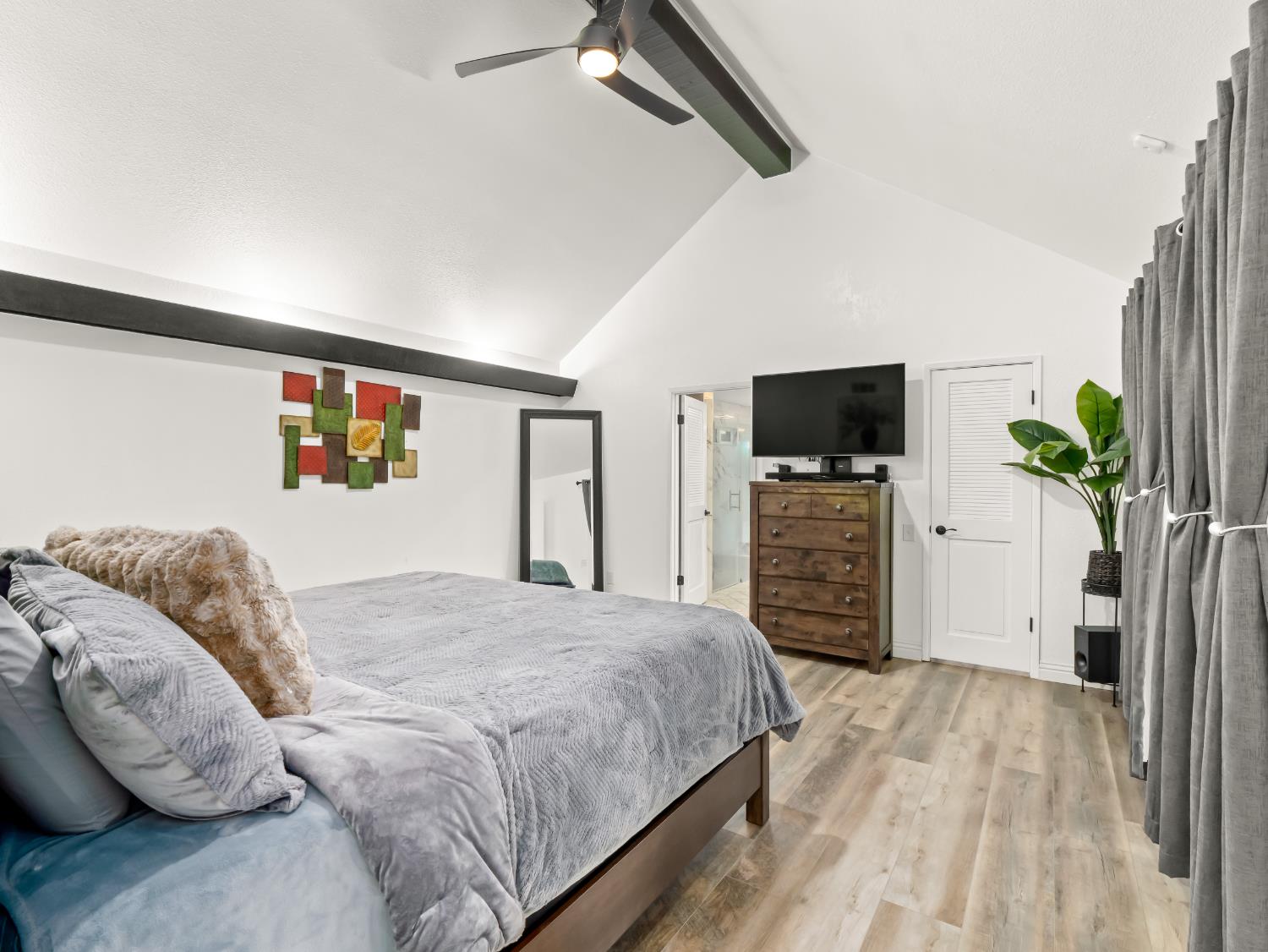 1691 South Bailey Avenue Fresno, CA 93727 - Photo 38 of 41 a bedroom with a large bed a flat tv screen and a potted plant