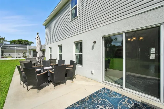 a building outdoor space with patio furniture