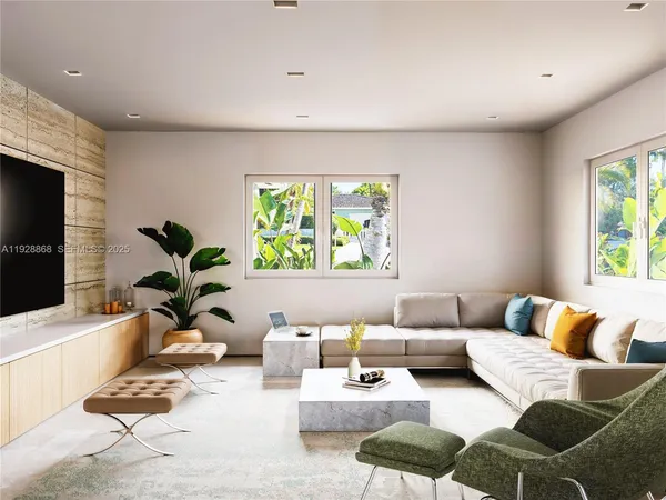 a living room with furniture potted plant and a window