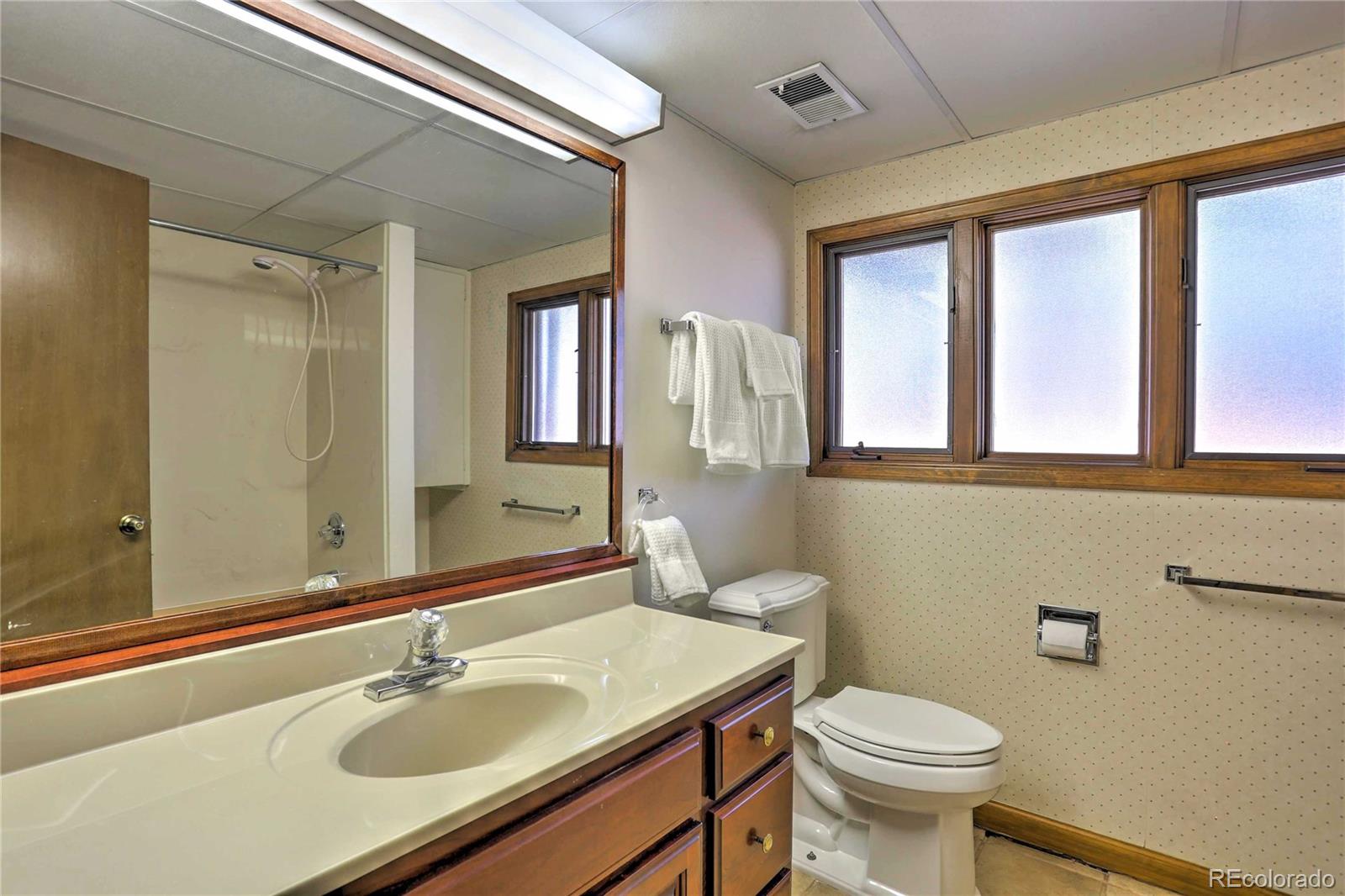 4452 South Xeric Way Denver, CO 80237 - Photo 32 of 40 a bathroom with a sink toilet a mirror and shower