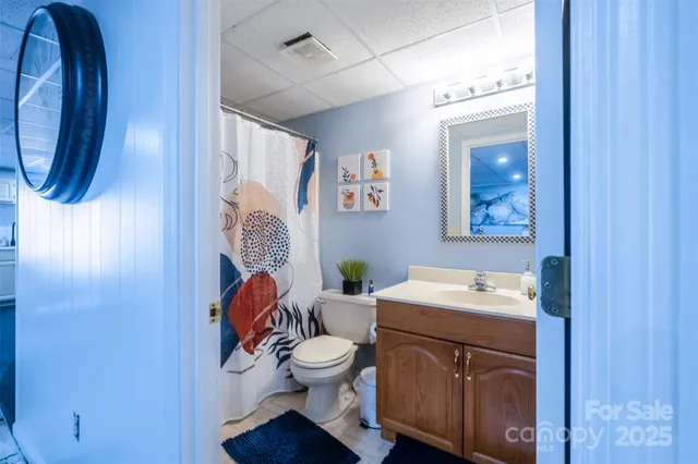 a bathroom with a toilet sink vanity and mirror