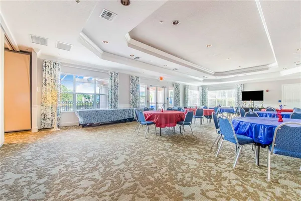 a building outdoor space with patio furniture