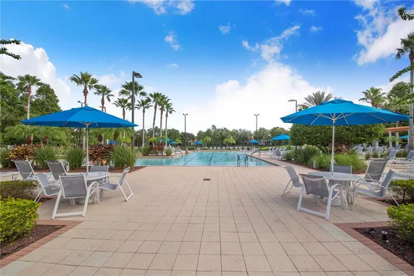 a view of a swimming pool with a patio