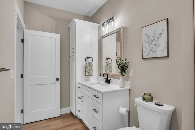 a bathroom with a sink a toilet and a mirror