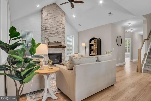 a living room with furniture a fireplace and a potted plant