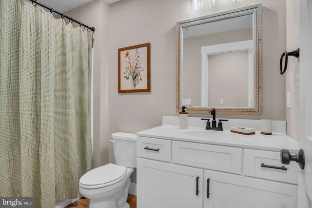 a bathroom with a sink vanity mirror and toilet