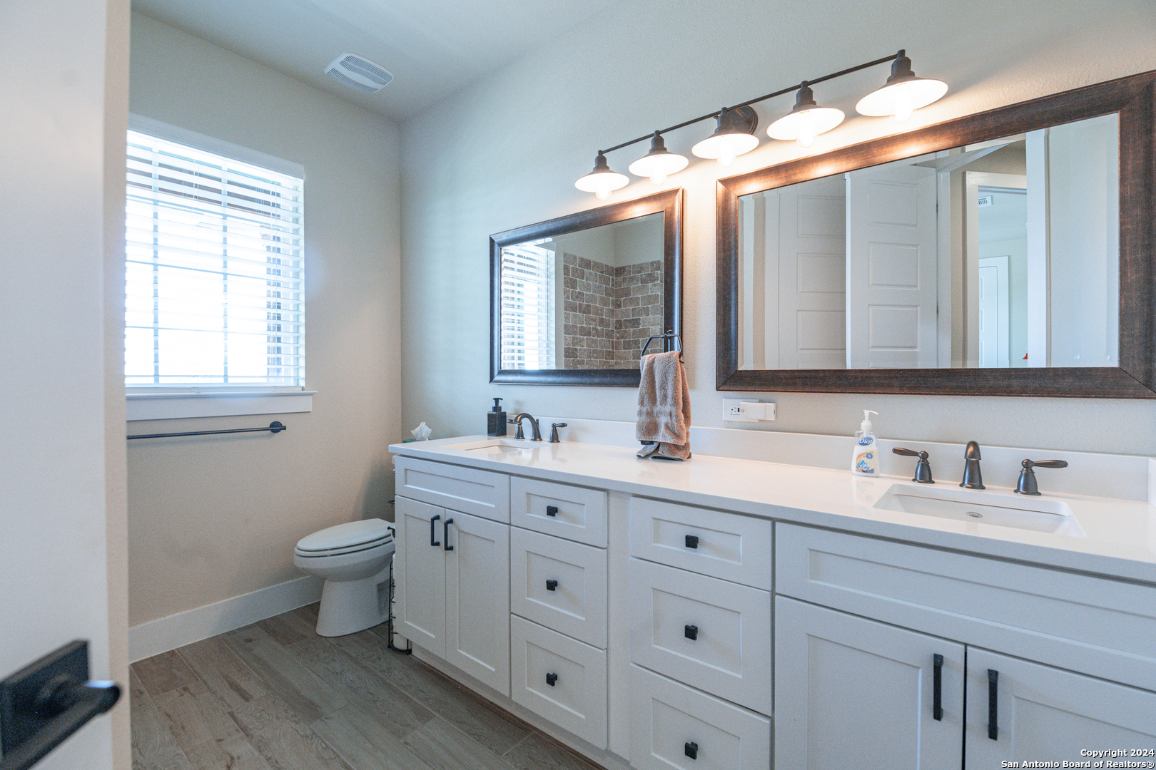 924 Rhinestone Canyon Lake, TX 78133 - Photo 25 of 41 a bathroom with double vanity sink a mirror and a toilet