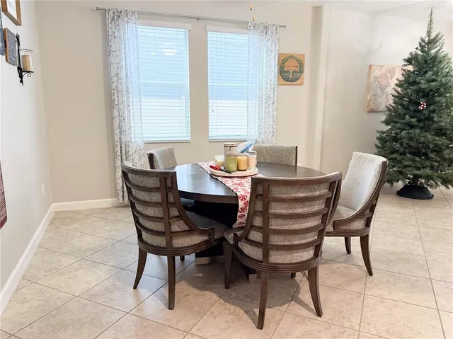 a view of a dining room with furniture and window