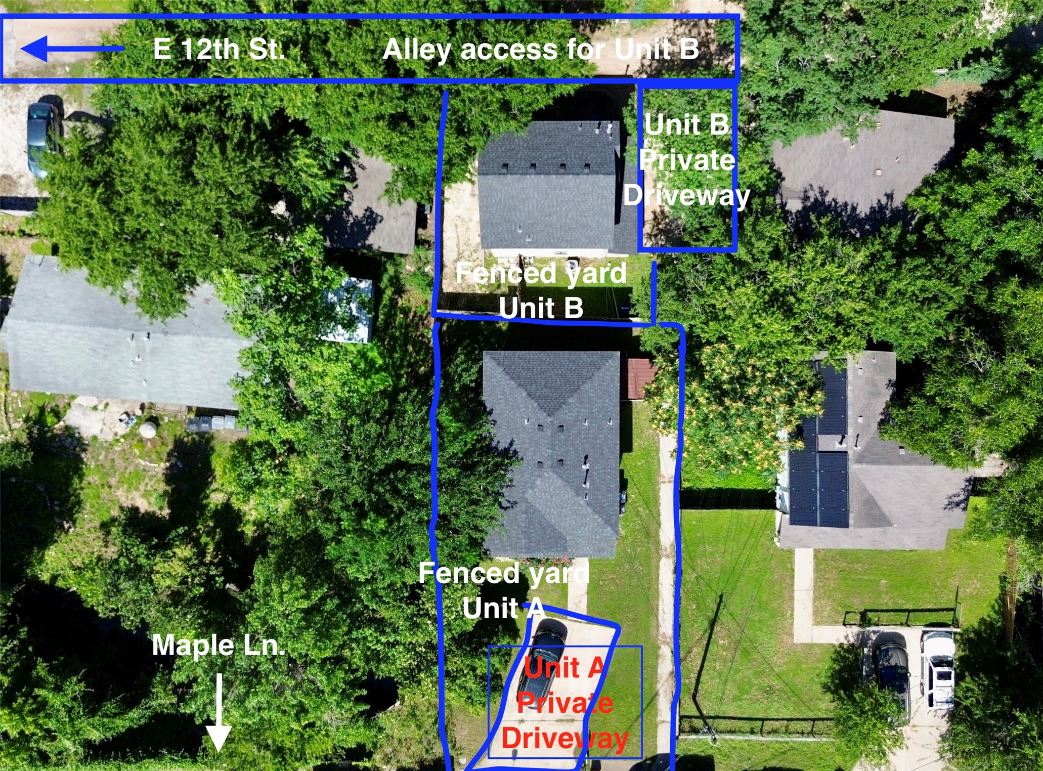 1206 Maple Avenue Austin, TX 78702 - Photo 2 of 37 An aerial perspective showcases dual fenced yards and private driveways, highlighting each unit's independent outdoor space.
