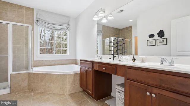 a bath room with a sink vanity tub shower and a mirror