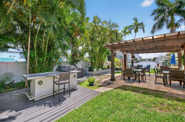 an outdoor space with seating area