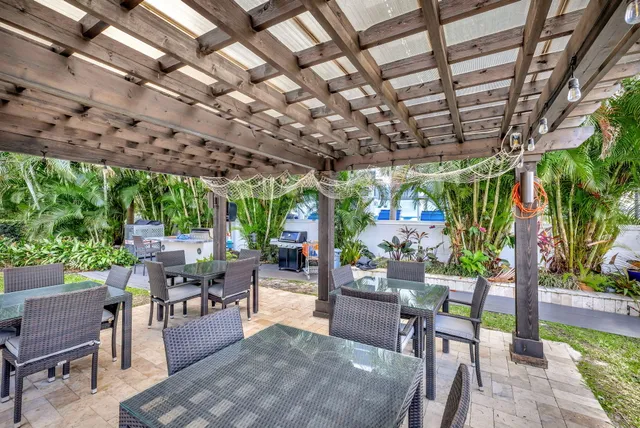 a view of a chairs and tables in patio