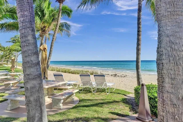 a view of a swimming pool with a lawn chair and palm tree