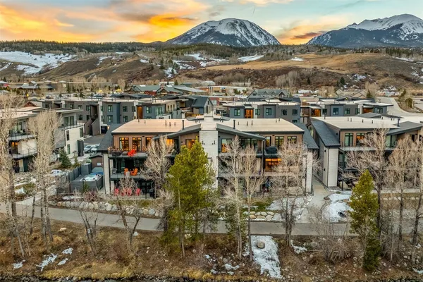 an aerial view of residential houses with outdoor space and trees