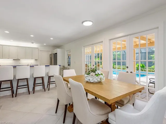 a view of a dining room with furniture and a large window
