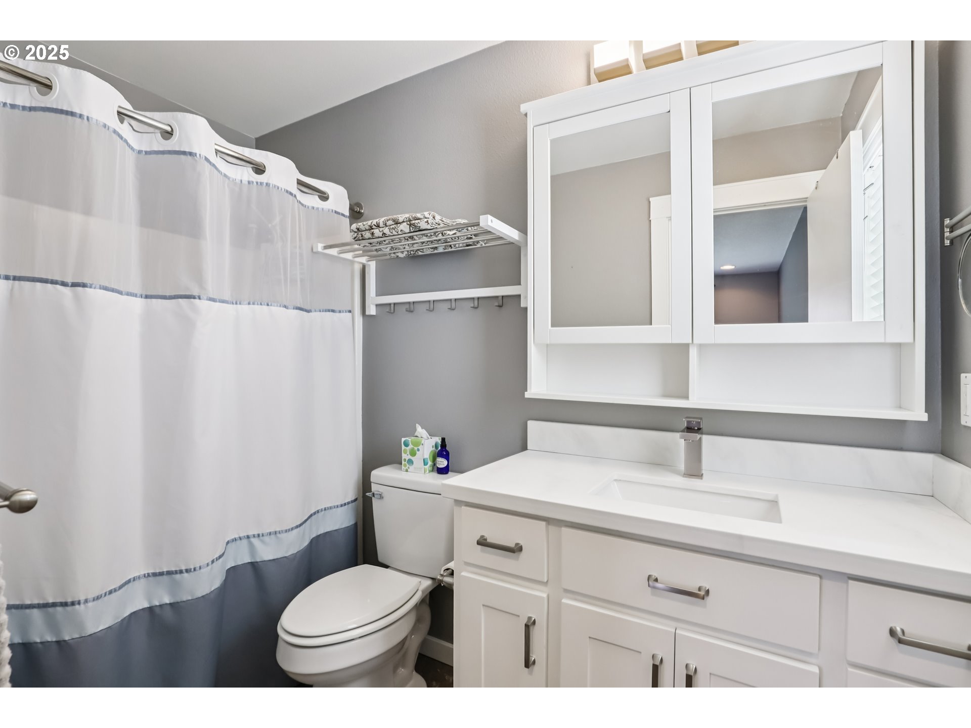 425 Northwest 151st Street Vancouver, WA 98685 - Photo 18 of 31 a bathroom with a sink a toilet a mirror and shower curtain